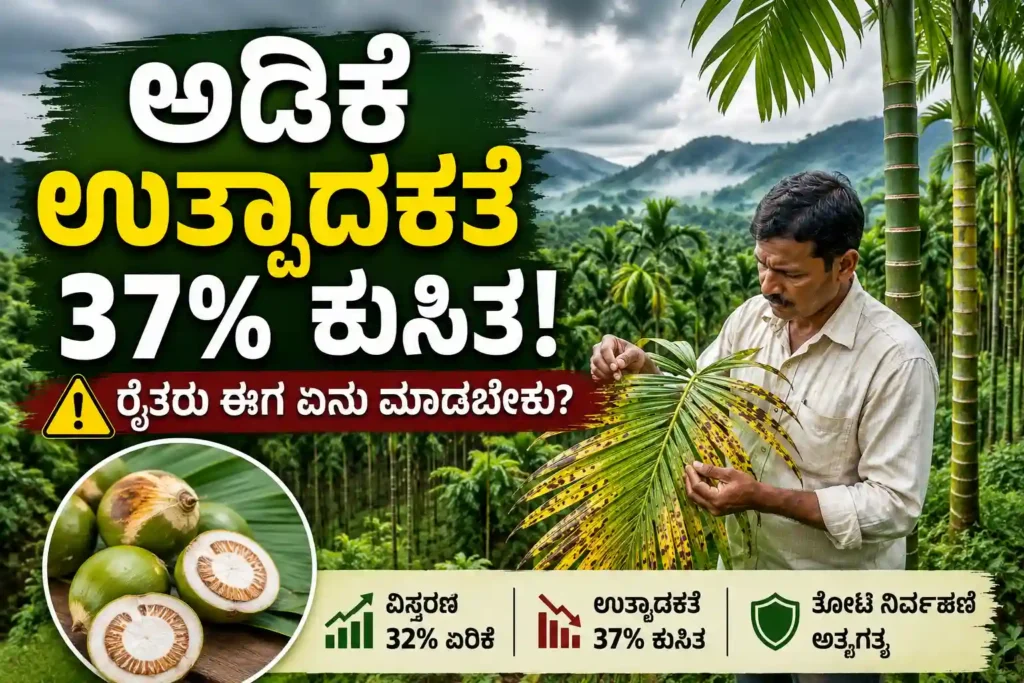 ಕರ್ನಾಟಕದ ಅಡಿಕೆ ಬೆಳೆಗಾರರಿಗೆ ಎಚ್ಚರಿಕೆ: ವಿಸ್ತೀರ್ಣ ಹೆಚ್ಚಾದರೂ ಉತ್ಪಾದಕತೆ 37% ಕುಸಿತ, ರೈತರು ಈಗ ಏನು ಮಾಡಬೇಕು? 2 ಅಡಿಕೆ ಉತ್ಪಾದಕತೆ 37% ಕುಸಿತ!
