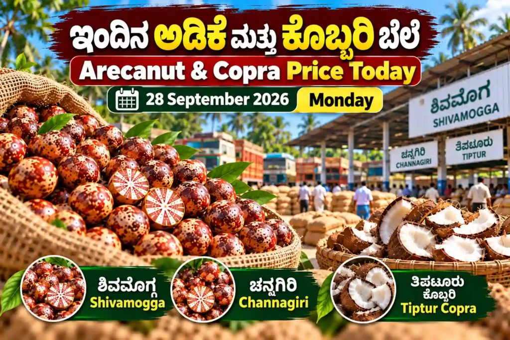Arecanut Price Today Karnataka – 28 September 2026 | ಇಂದಿನ ಅಡಿಕೆ ಮತ್ತು ಕೊಬ್ಬರಿ ಬೆಲೆ 1 Arecanut and copra price today in Karnataka on 28 September 2026, featuring Shivamogga, Channagiri TUMCOS and Tiptur Copra markets.